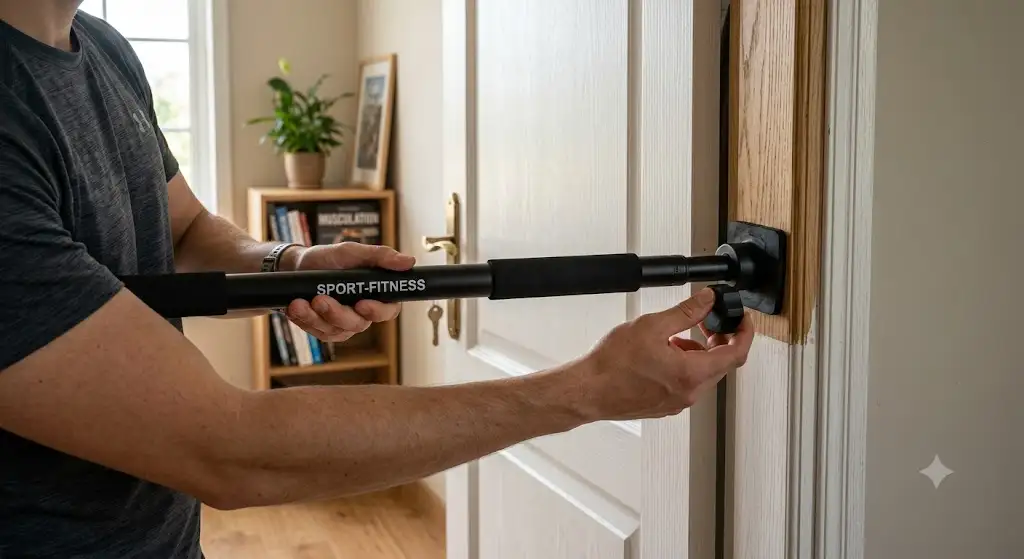 Installation d'une barre de traction de porte sans perçage sur un encadrement en bois