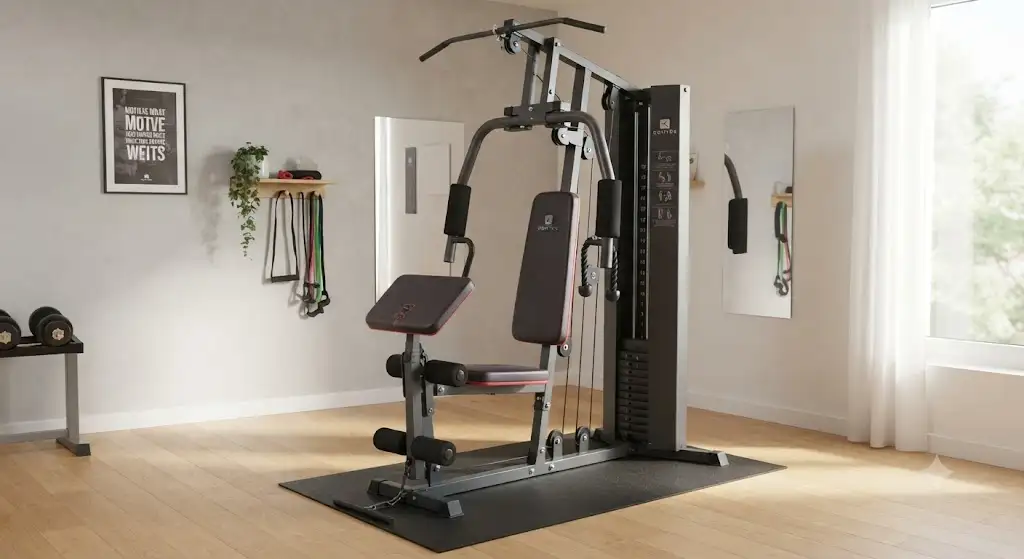 Vue d'ensemble de la station de musculation Domyos installée dans une pièce pour notre avis complet. (Domyos station musculation avis)