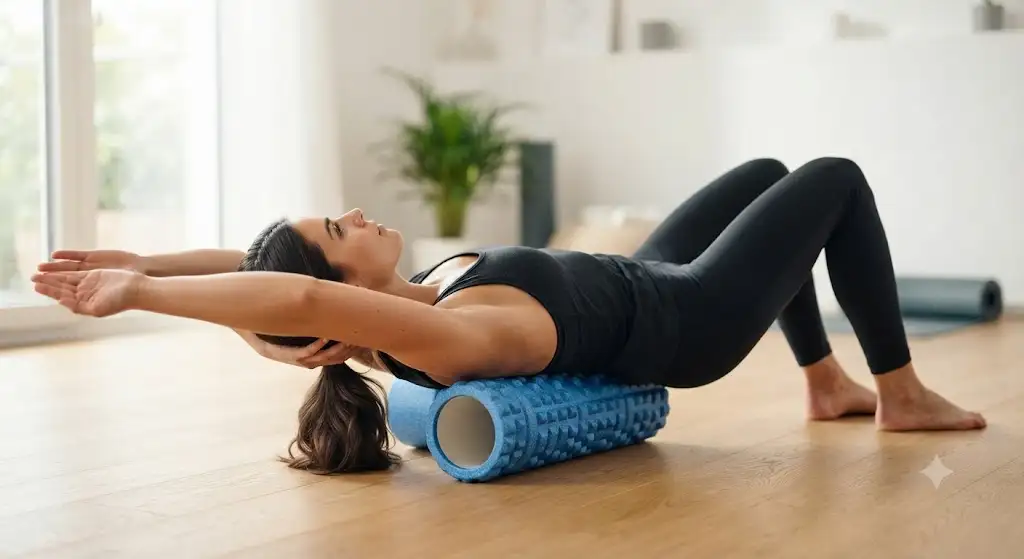 Femme utilisant un foam roller ou rouleau de massage pour soulager les tensions du dos et améliorer la posture. (foam roller rouleau de massage)