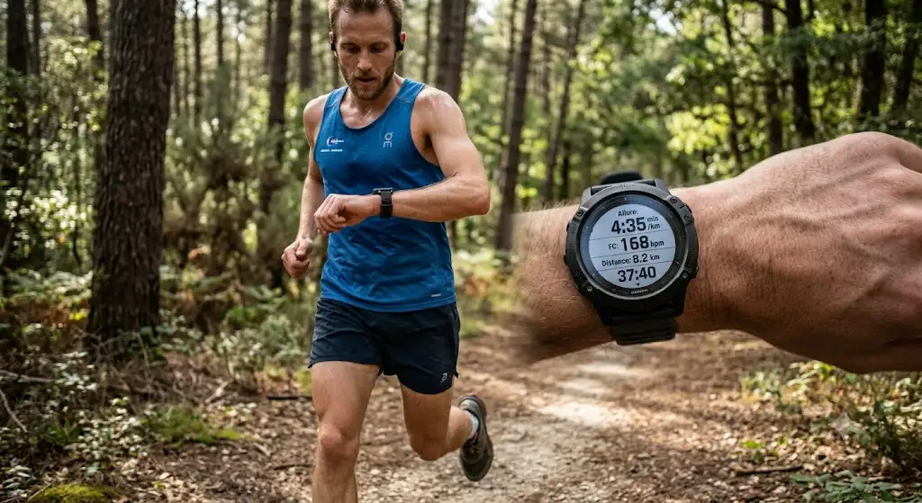 Coureur consultant l'allure et la fréquence cardiaque sur sa montre Garmin sport en plein entraînement