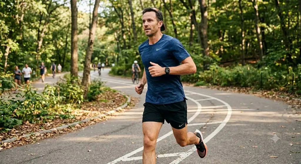 Homme courant en extérieur avec une Apple Watch sport au poignet pour le suivi d'activité