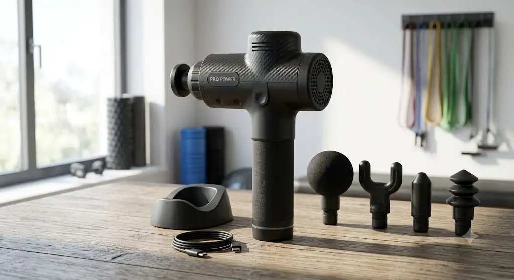 Pistolet de massage musculaire professionnel sans fil avec ses différents embouts de thérapie par percussion