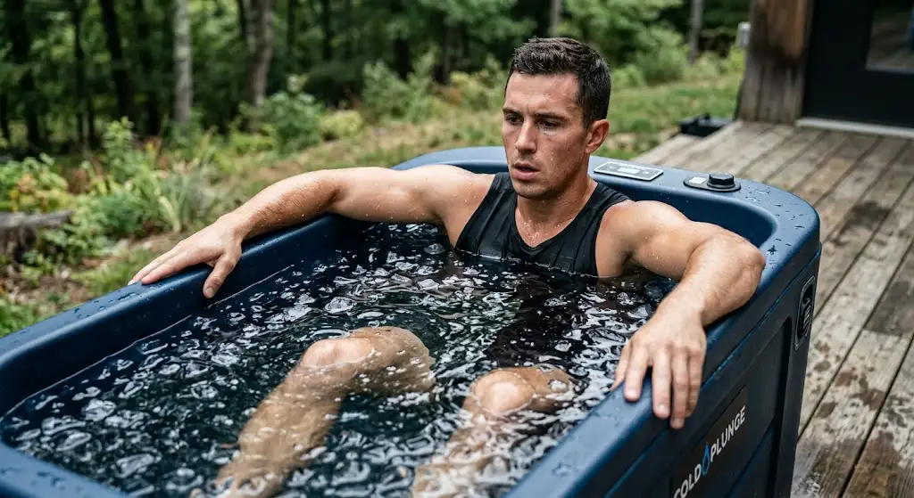 Athlète immergé dans un bain froid récupération sportive après un entraînement intense.