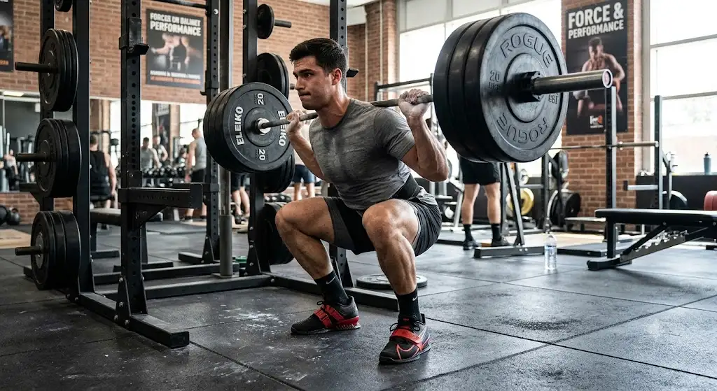 Athlète portant des chaussures de musculation rigides pour homme lors d'une séance de squat lourd en salle de sport.