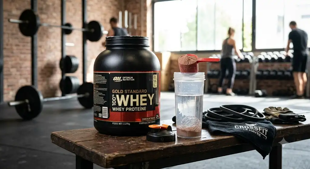 Pot de whey protéine en poudre avec dosette et shaker de musculation