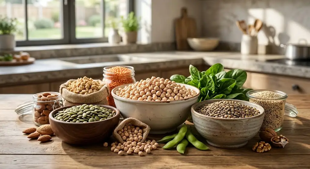 Assortiment d'aliments riches en protéine végétale musculation avec pois chiches, lentilles et graines de courge.