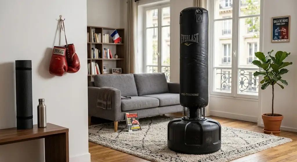 Sac de frappe sur pied professionnel installé dans un salon pour l'entraînement de boxe à domicile