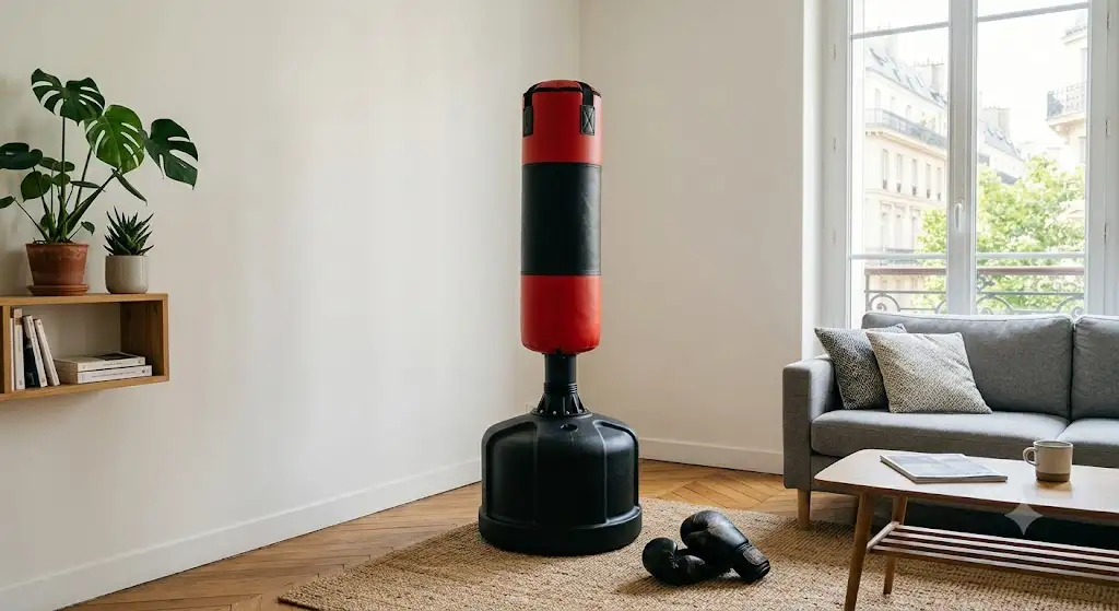 Sac de frappe compact autoportant installé dans un coin de salon d'appartement moderne. (sac de frappe compact appartement)