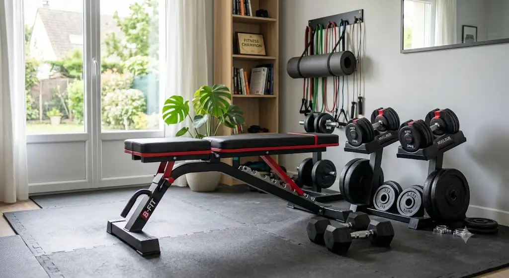 Kit haltères et banc de musculation pliable installé dans un espace fitness à domicile