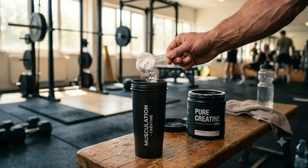 Dosage précis de 3 grammes de poudre de créatine dans un shaker pour une séance de musculation. (créatine musculation)