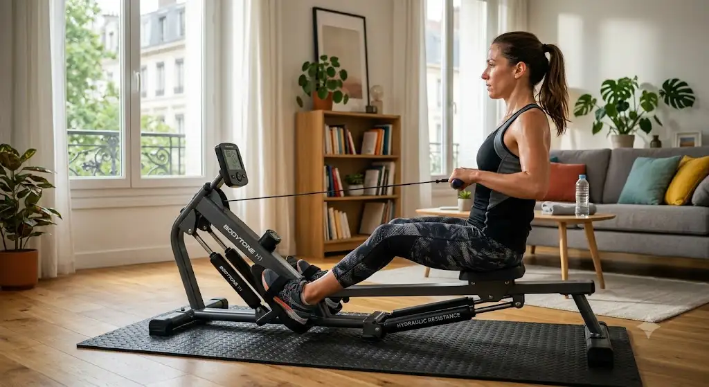 Rameur hydraulique compact installé dans un salon pour une séance de fitness à domicile.