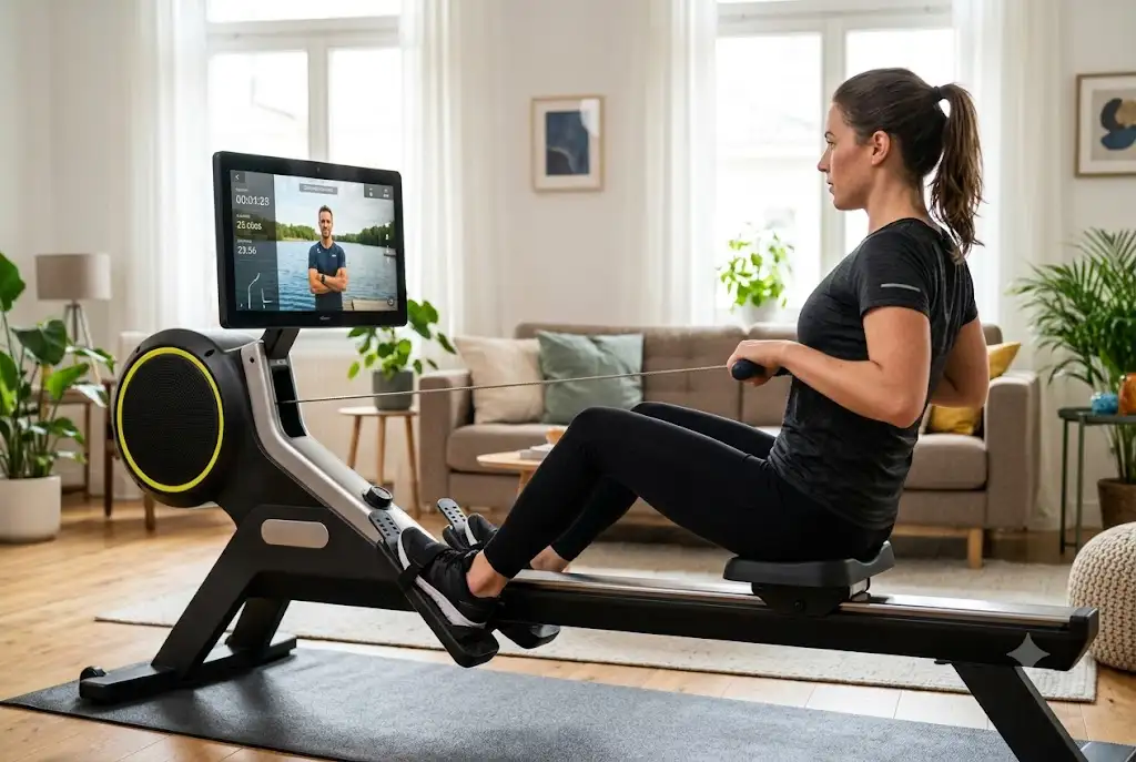 Femme s'entraînant dans son salon sur un rameur connecté avec écran tactile interactif