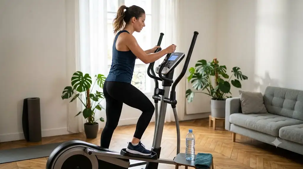 Femme s'entraînant à domicile sur un vélo elliptique à bras mobiles pour une séance de cardio-training complète. (vélo elliptique bras mobiles)