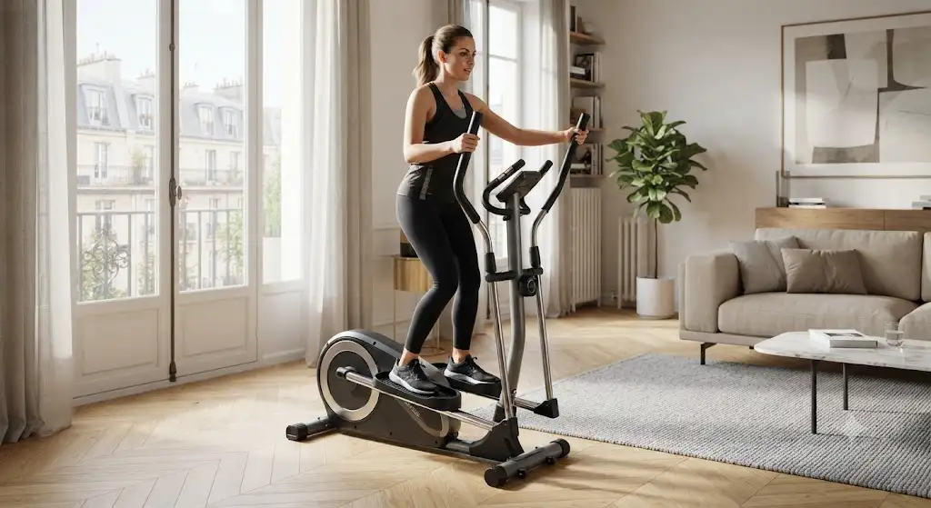 Un vélo elliptique pliable compact installé dans un salon moderne pour un entraînement à domicile.