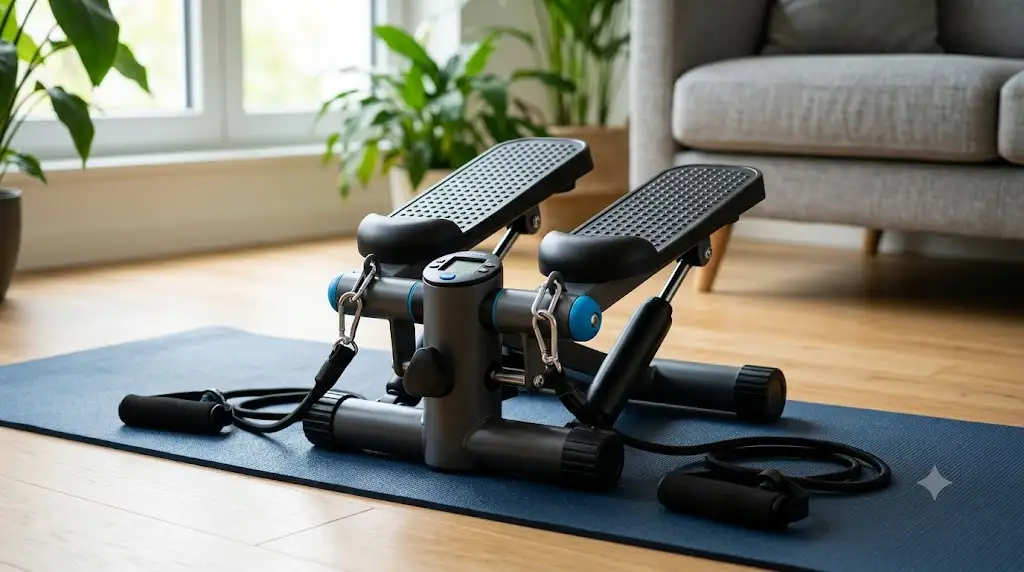 Mini stepper avec cordes de traction pour entraînement cardio et renforcement musculaire à domicile