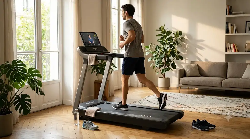 Test et avis sur le tapis de course connecté Technogym avis MyRun installé dans un salon