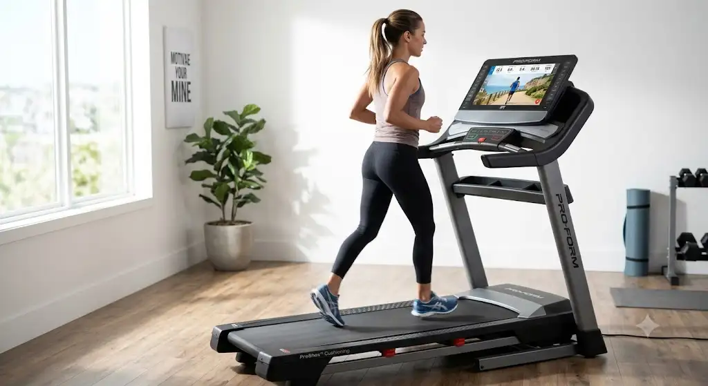 Tapis de course ProForm avis Pro 5000 avec écran tactile incliné pour entrainement à domicile.