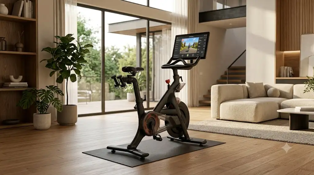Vélo d'appartement cardio premium haut de gamme connecté installé dans un salon moderne