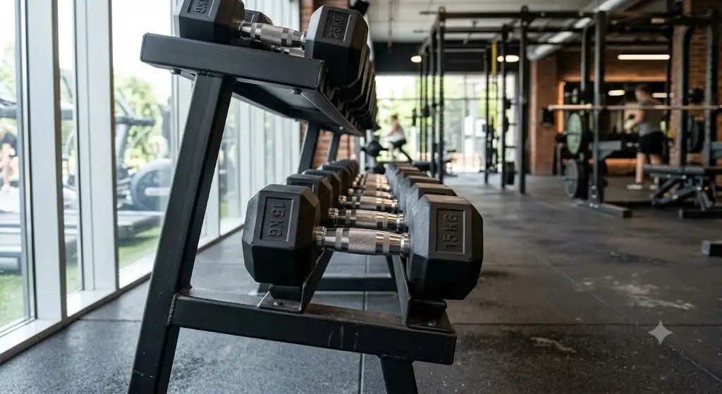 Paire de haltères fixes hexagonales en caoutchouc rangées dans un espace de musculation moderne. (haltères fixes paires)