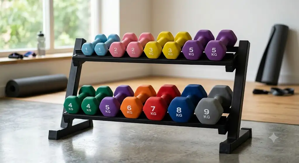 Haltères néoprène de différentes couleurs rangées sur leur support de rangement.