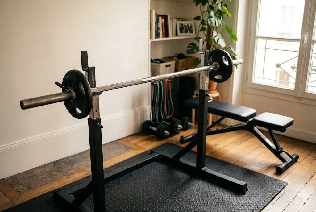 Barre olympique courte adaptée pour un entraînement de musculation dans un petit espace en appartement. (barre olympique courte petit espace)