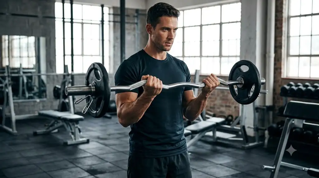 Homme effectuant un curl biceps debout avec une barre EZ musculation en salle