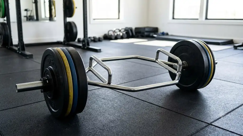Barre hexagonale trap bar en acier olympique chargée avec des disques de musculation