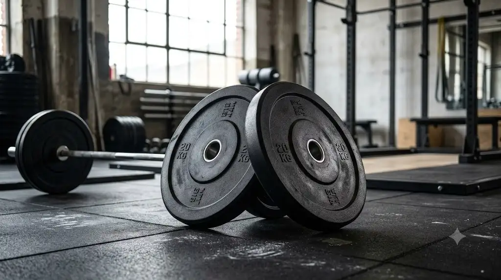 Paire de disques bumper musculation en caoutchouc noir pour barre olympique de cross-training.