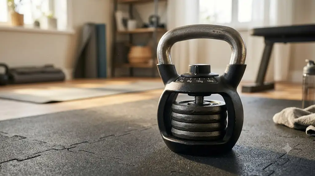 Kettlebell réglable en fonte avec mécanisme de sélection du poids pour entraînement de musculation à domicile