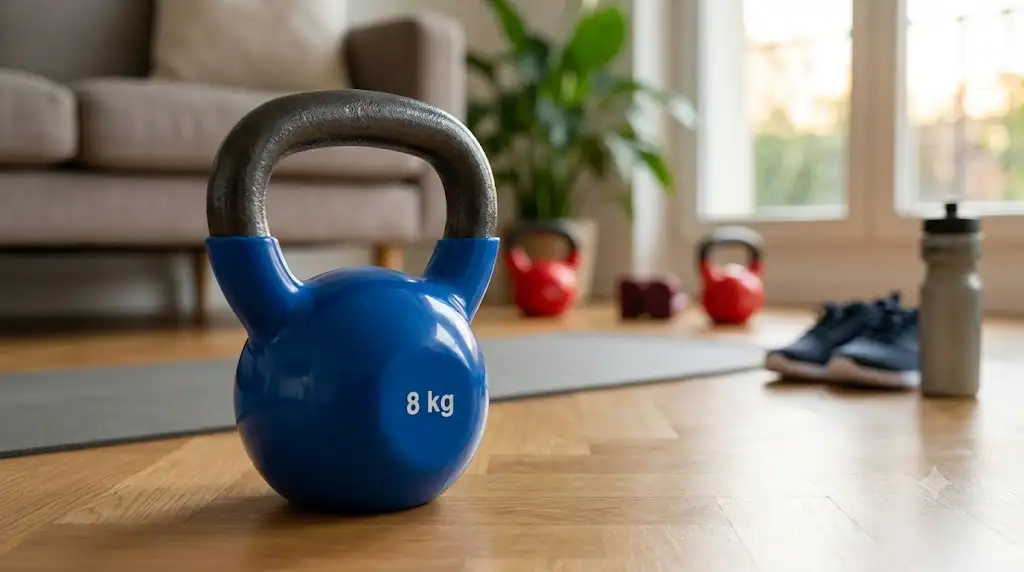 Kettlebell en vinyle coloré posé au sol pour entraînement de musculation et fitness à domicile