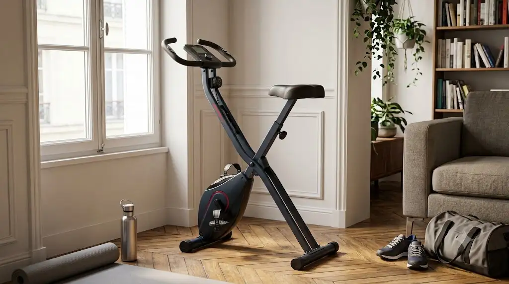 Vélo d'appartement pliable compact idéal pour les petits espaces et les séances de cardio à domicile. (meilleur appareil cardio moins de 1000 euros)